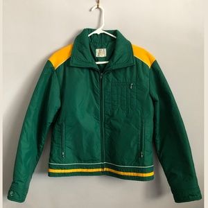 RARE Vintage 80's Roffe Ski Jacket Green/Yellow/White Piping Zippered Pockets